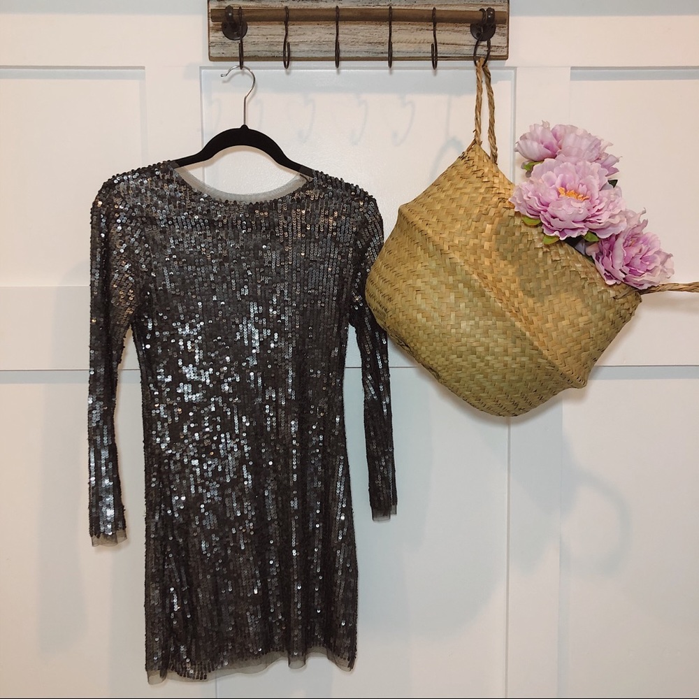 Gunmetal Silver Sequin Mini Dress Tulle Mesh